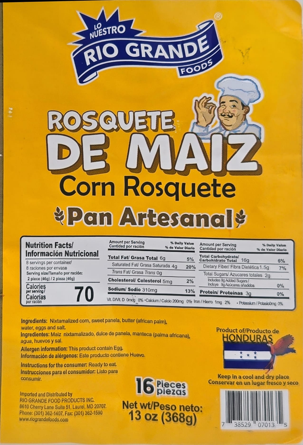 2 Pack Rosquete de Maíz - Producto de Honduras 13  oz c/u Total 1.6 Lbs / Corn Rosquete - Río Grande -