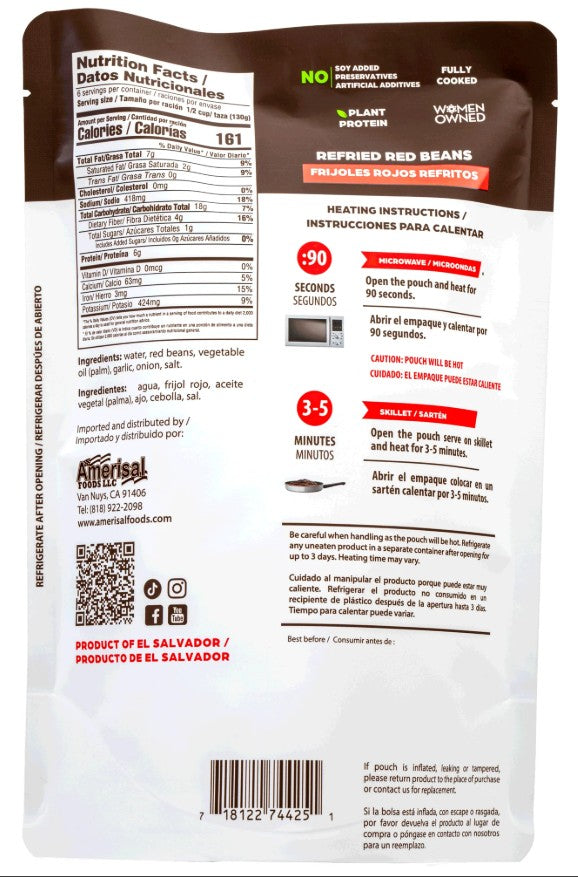 Frijoles Rojos Refritos Perla (Perla Refried Red Beans) – 28.2 oz, Bolsa Individual / Single Pouch