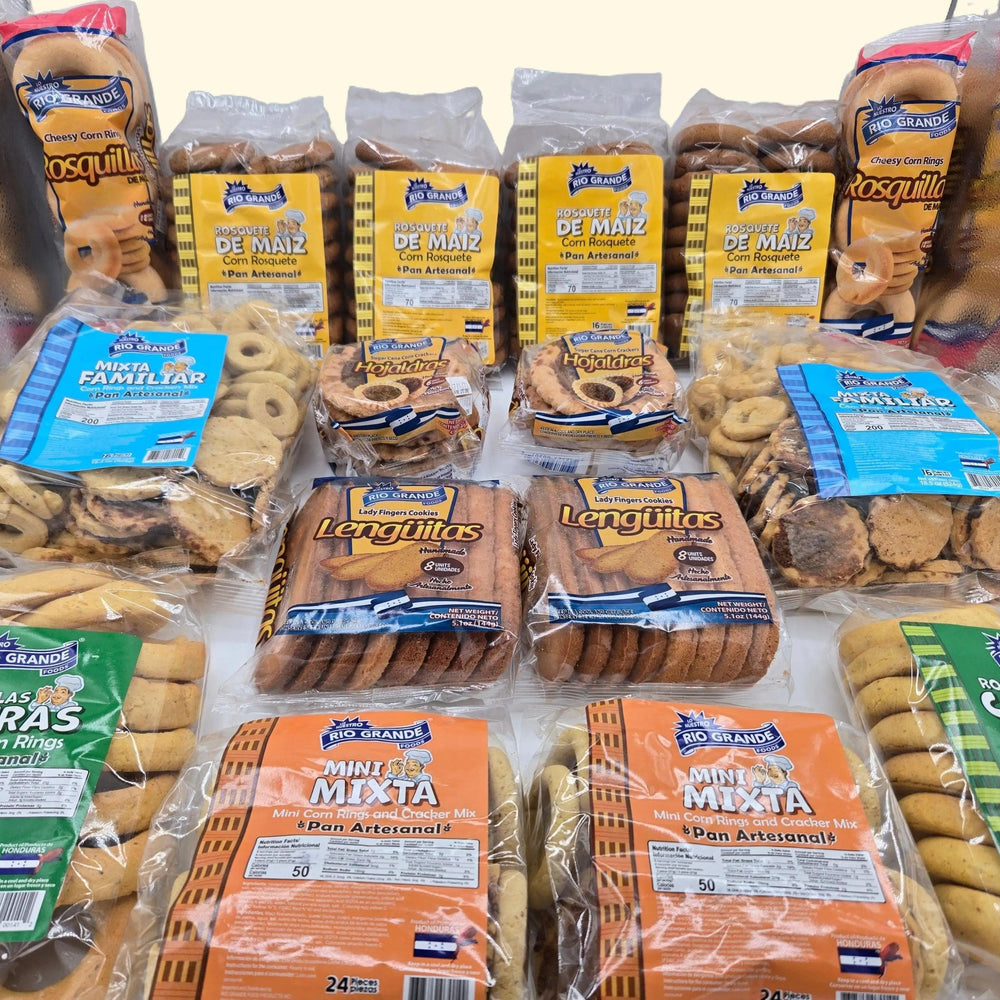 9.3 Lbs Combo 100% Hecho en Honduras Rio Grande Foods Incluye: Rosquillas, Hojaldras/ Tustacas, Rosquetes, Mini Mixtas, Rosquilla Caseras, Lengüitas, Mini Mixtas y Mixtas Familiar.