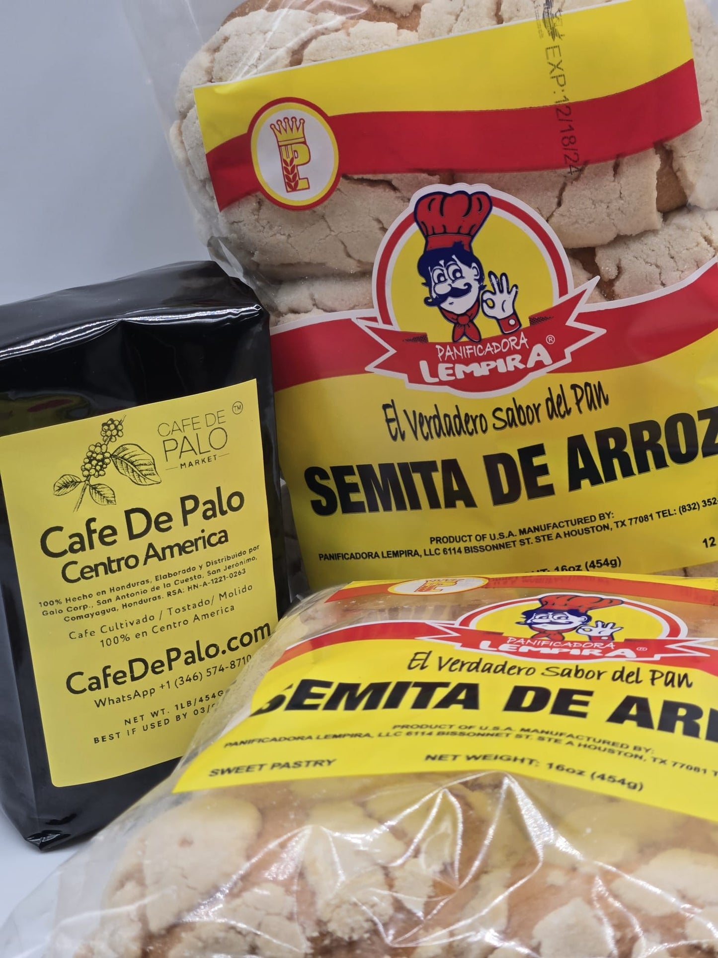 Combo 2 Semitas de Arroz Lempira - 16 oz + 1 Libra de Café de Palo Centro América / 2 Rice Semita Bread + 1 Pound of Café de Palo Centro América