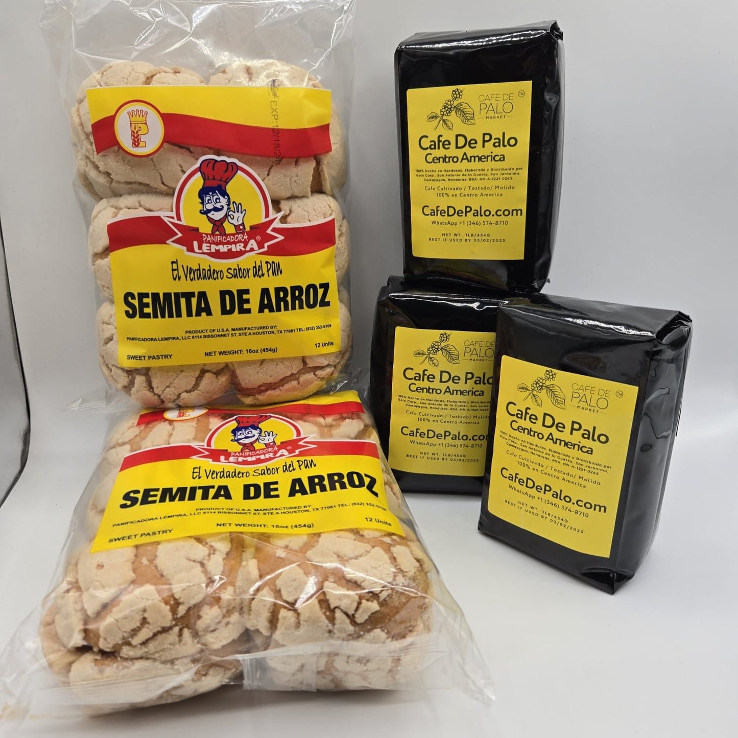 Combo 2 Semitas de Arroz Lempira - 16 oz + 3 Libras de Café de Palo Centro América / 2 Rice Semita Bread + 3 Pounds of Café de Palo Centro América