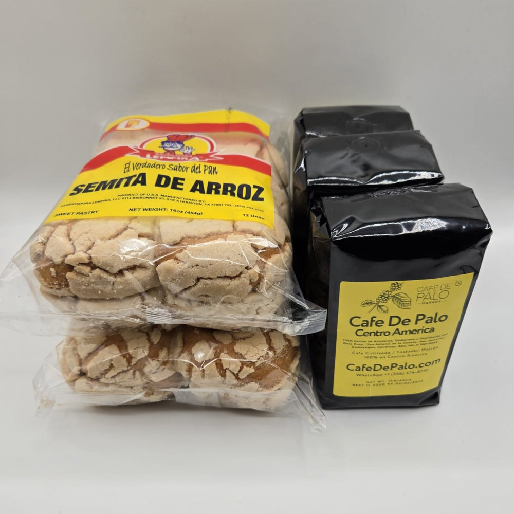 
                  
                    Combo 2 Semitas de Arroz Lempira - 16 oz + 3 Libras de Café de Palo Centro América / 2 Rice Semita Bread + 3 Pounds of Café de Palo Centro América
                  
                