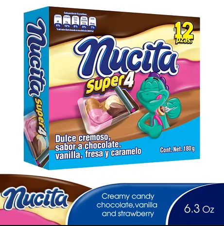 Nucita Super 4 - Creamy Candy Chocolate, Vanilla, Strawberry and caramel - Producto de México - 6.3 oz - 12 units